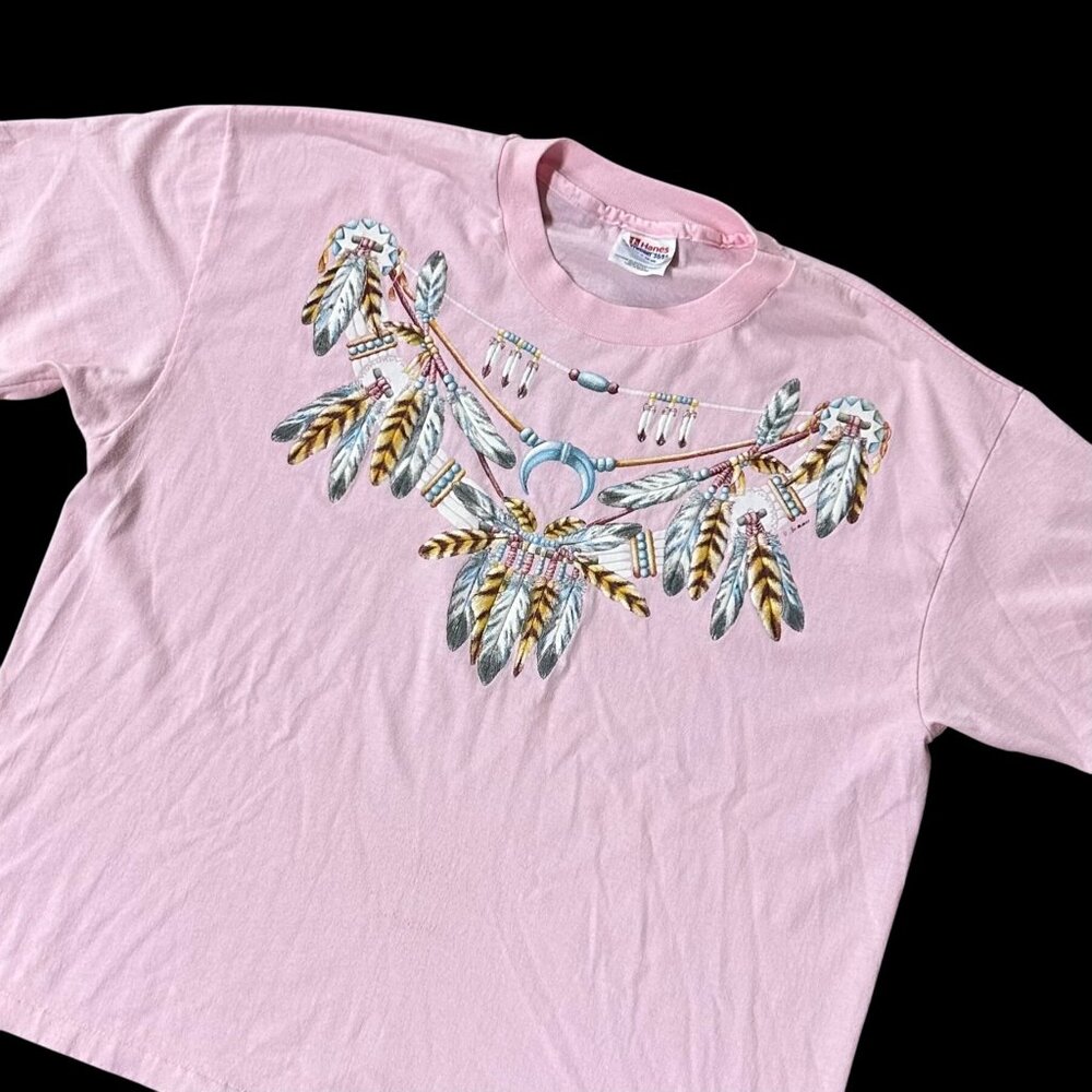 Vintage Pink T Shirt Southwestern Feather Graphics Hanes XL 1990s Retro Western